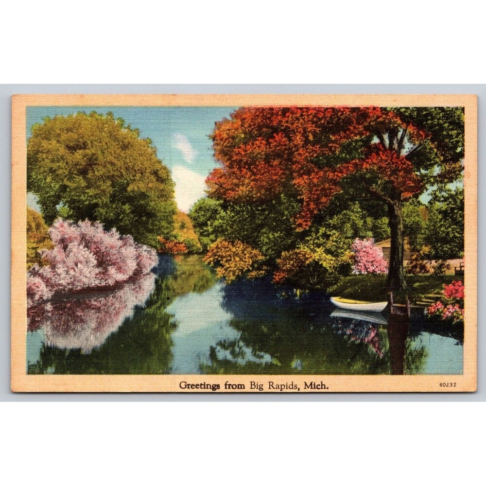 Vintage Big Rapids MI Postcard Linen River Scene Tichnor Quality 60232 Unposted